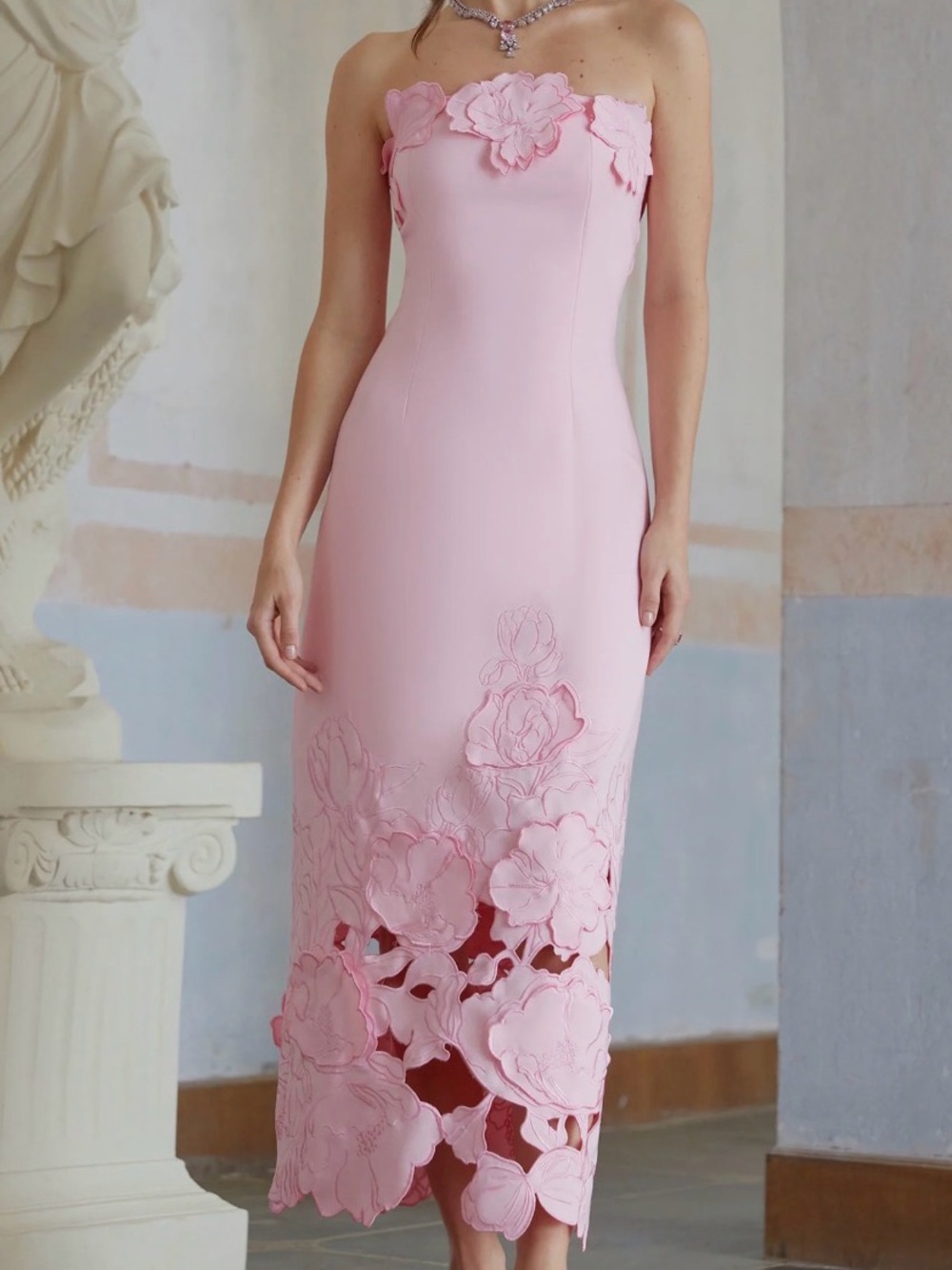 Miss Rosier Pink Strapless Floral Embroidered Maxi Dress